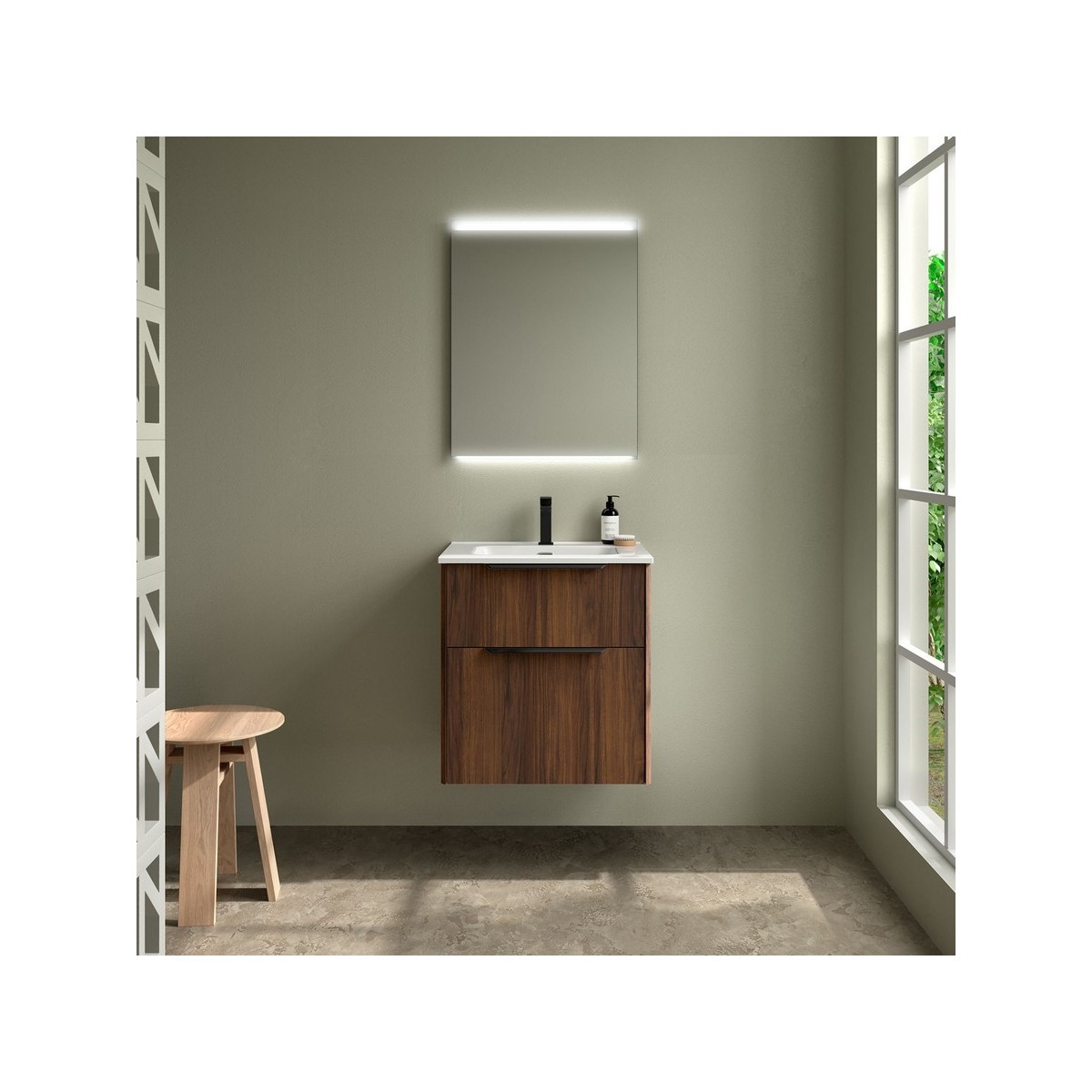 Ensemble Meuble Plan vasque et miroir LUVA 600 2 tiroirs Noyer Maya P450 - SALGAR 119851 