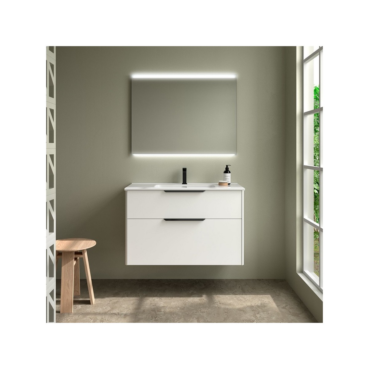 Ensemble Meuble Plan vasque et miroir LUVA 1000 2 tiroirs Blanc satiné P450 - SALGAR 119858 