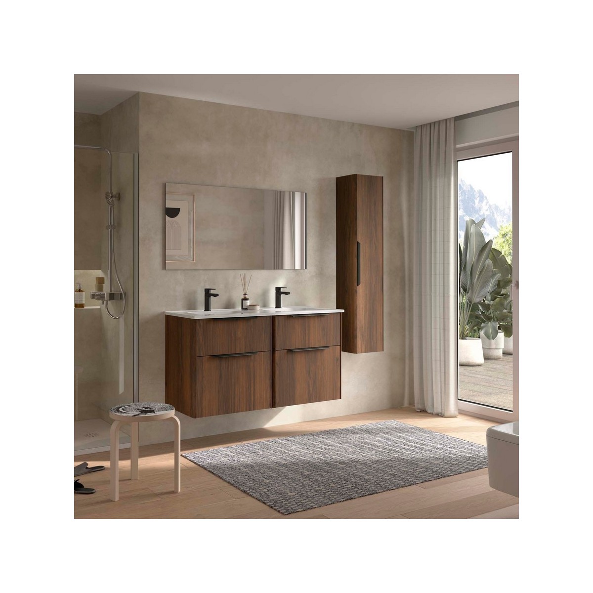 Ensemble Meuble Plan vasque et miroir LUVA 1200 2 tiroirs Noyer Maya P450 - SALGAR 119863 