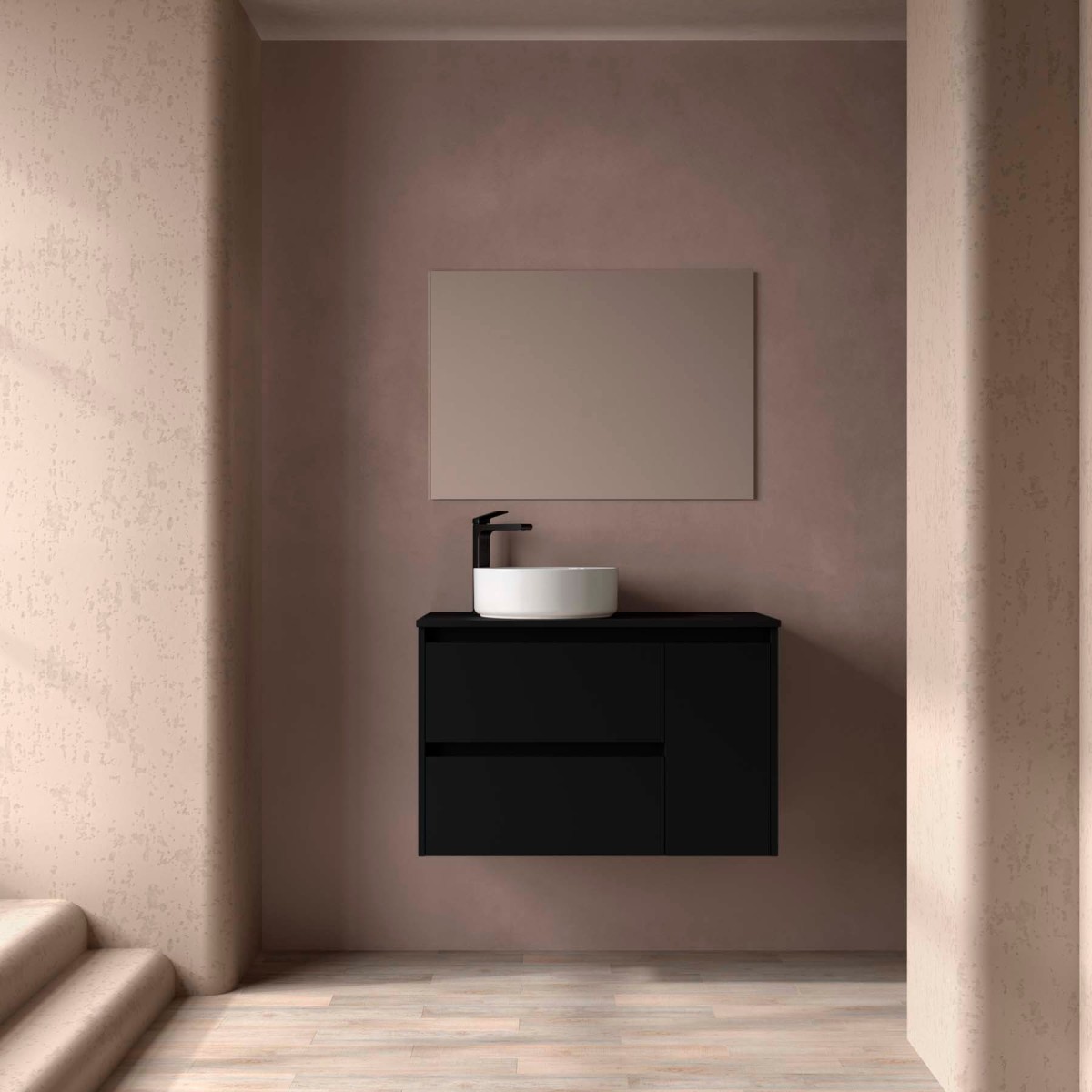 Ensemble Meuble de salle de bain et plan de toilette NOJA II 900 2T1P droite - vasque à gauche Black satin P450 - SALGAR 118253 