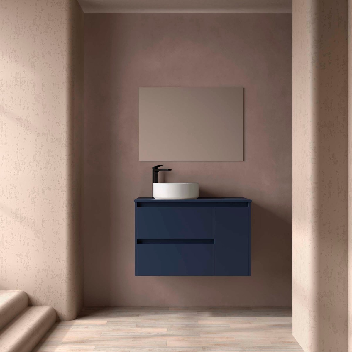 Ensemble Meuble Plan Vasque Miroir Applique NOJA II 900 2T1P droite - vasque à gauche Blue satin P450 - SALGAR 118348 