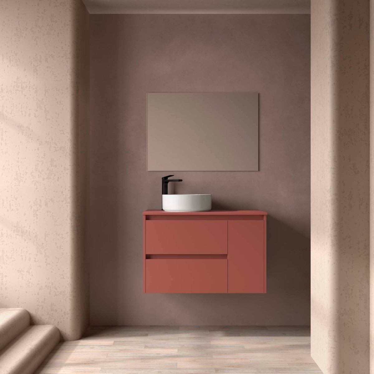 Ensemble Meuble Plan Vasque Miroir Applique NOJA II 900 2T1P droite - vasque à gauche Red satin P450 - SALGAR 118350 