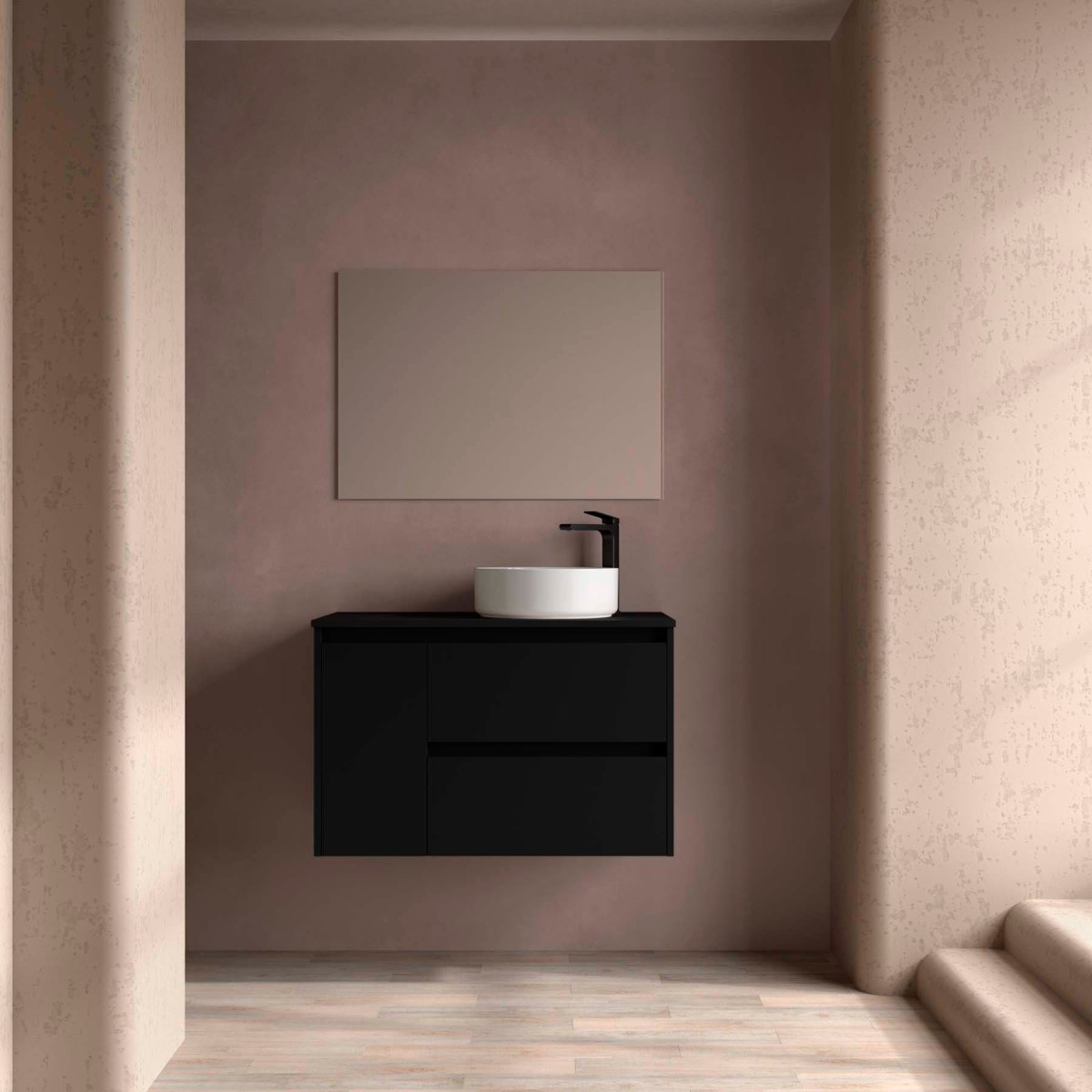 Ensemble Meuble Plan Vasque Miroir Applique NOJA II 900 2T1P gauche - vasque à droite Black satin P450 - SALGAR 118357 