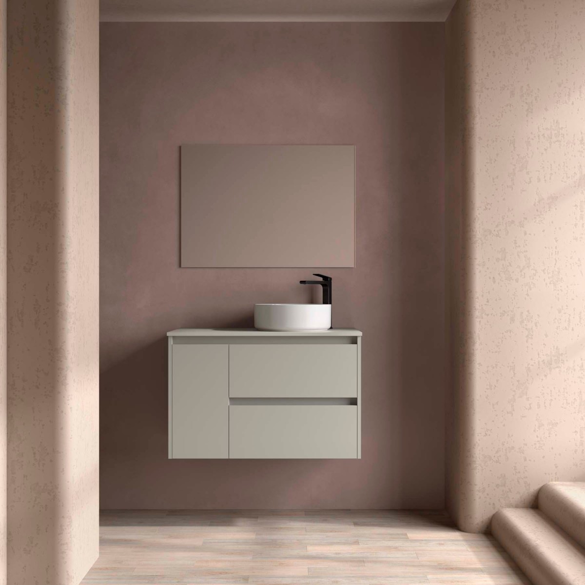 Ensemble Meuble Plan Vasque Miroir Applique NOJA II 900 2T1P gauche - vasque à droite Gris satiné P450 - SALGAR 118364 