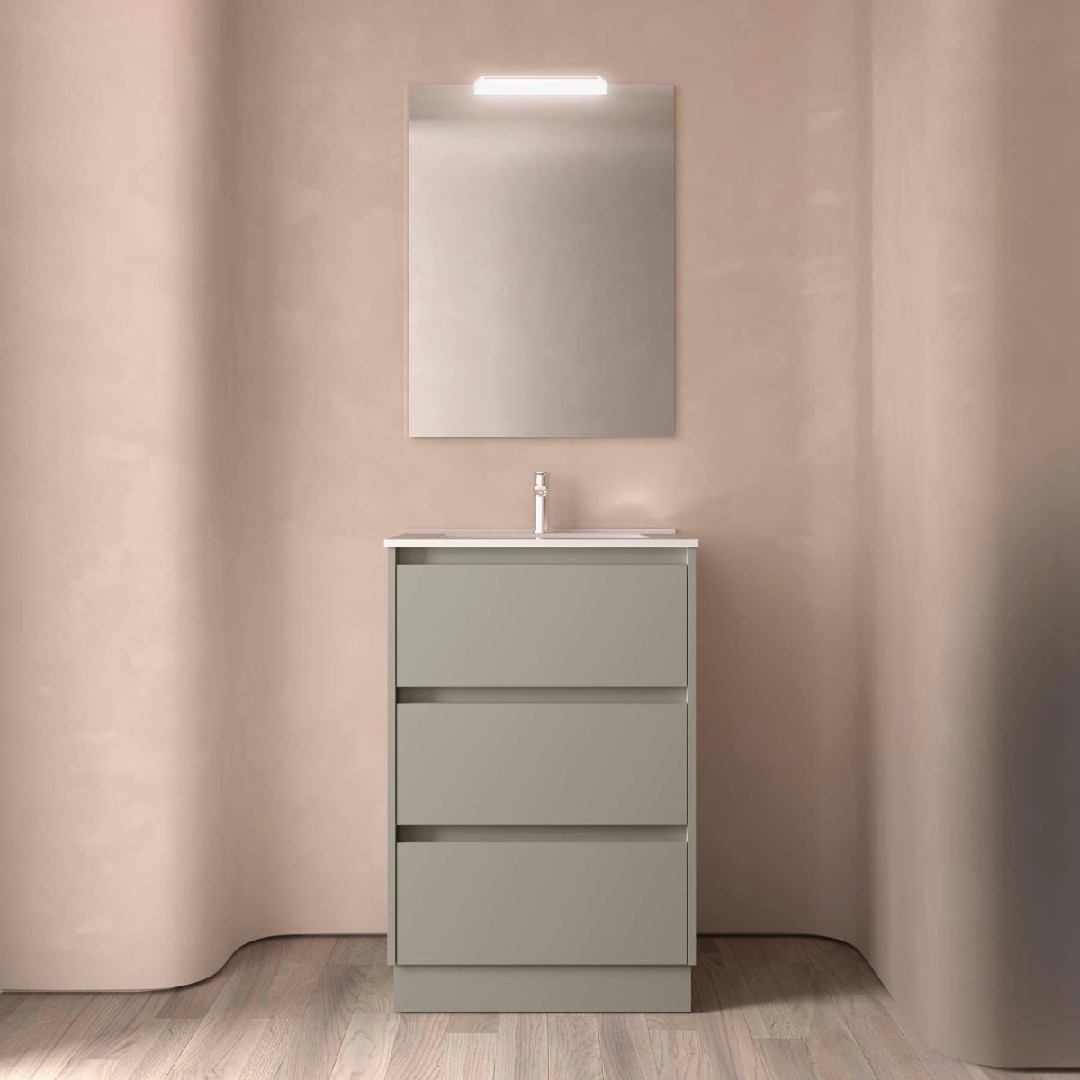 Ensemble Meuble Plan Vasque Miroir Applique NOJA II 600 3 tiroirs Gris satiné P450 - SALGAR 118571 