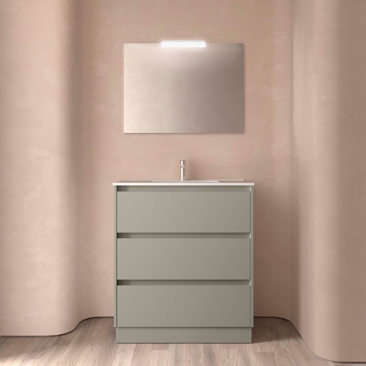 Ensemble Meuble Plan Vasque Miroir Applique NOJA II 800 3 tiroirs Gris satiné P450 - SALGAR 118572 