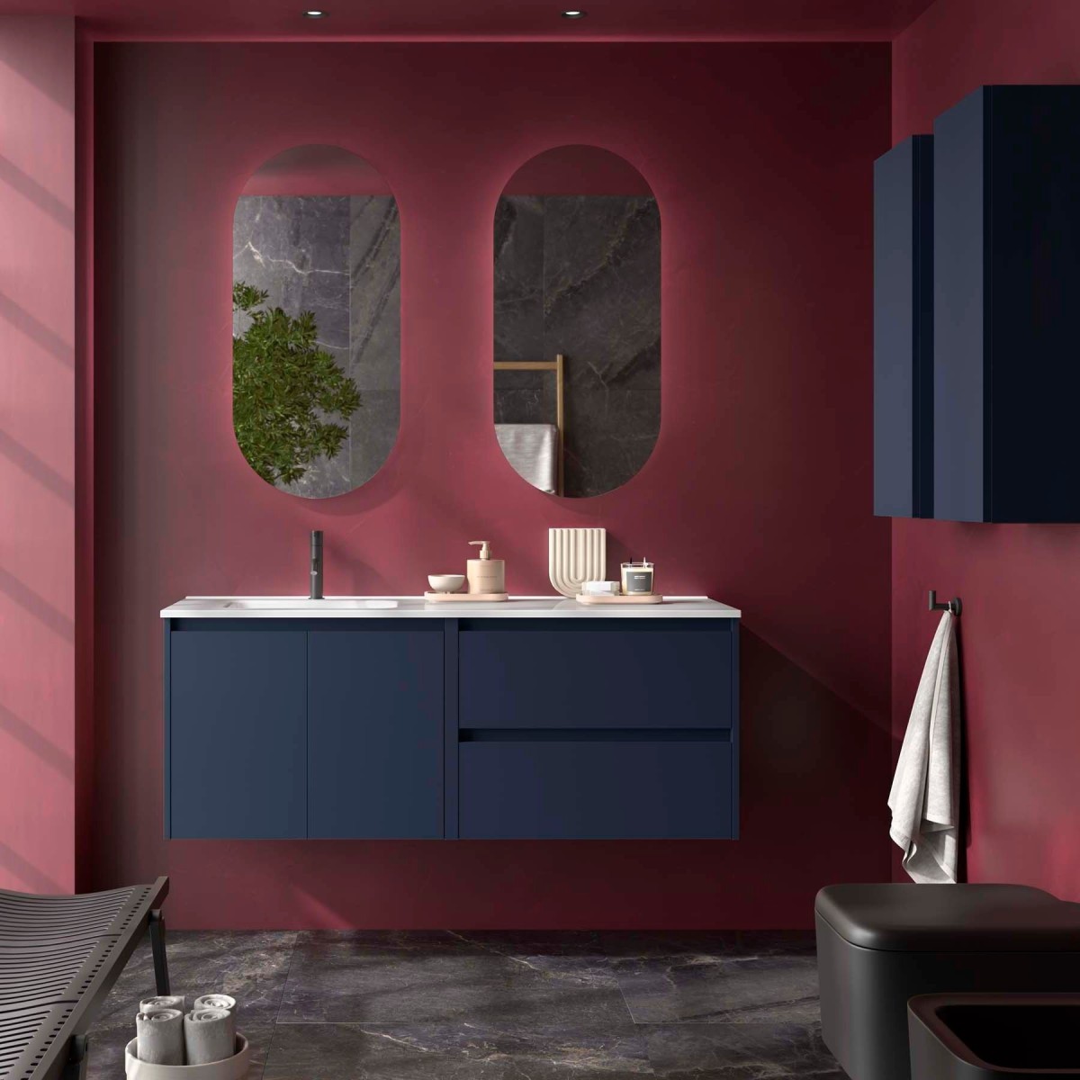 Ensemble Meuble Plan Vasque Miroir Applique NOJA II 1200 2 tiroirs 2 portes Blue satin P450 - SALGAR 119718 