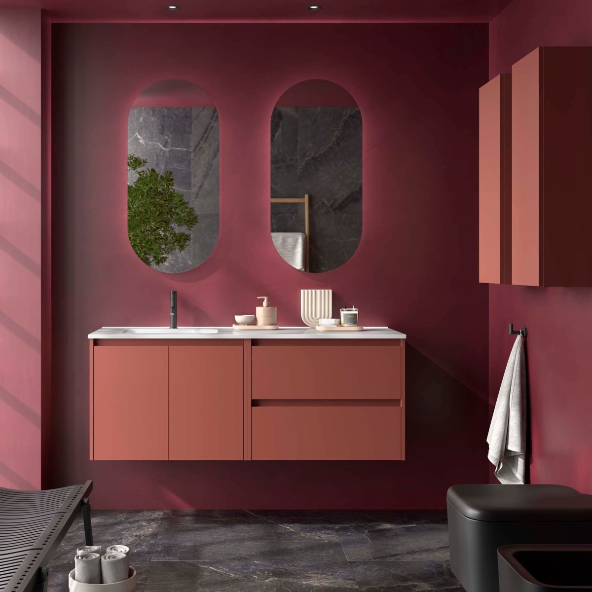 Ensemble Meuble Plan Vasque Miroir Applique NOJA II 1200 2 tiroirs 2 portes Red satin P450 - SALGAR 119720 