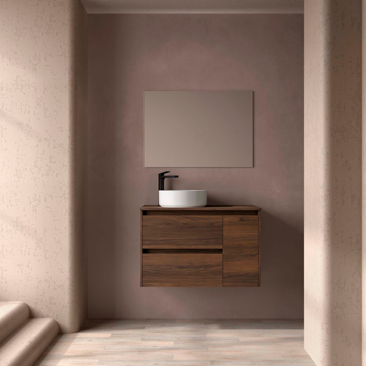 Ensemble Meuble de salle de bain et plan de toilette NOJA II 900 2T1P droite - vasque à gauche Noyer Maya P450 - SALGAR 118259 