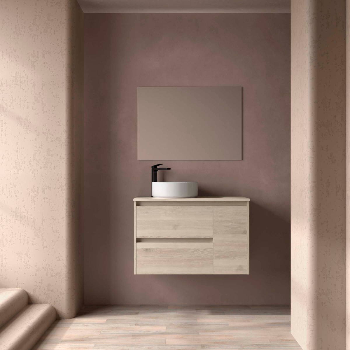 Ensemble Meuble Plan Vasque Miroir Applique NOJA II 900 2T1P droite - vasque à gauche Chêne Naturel P450 - SALGAR 118351 