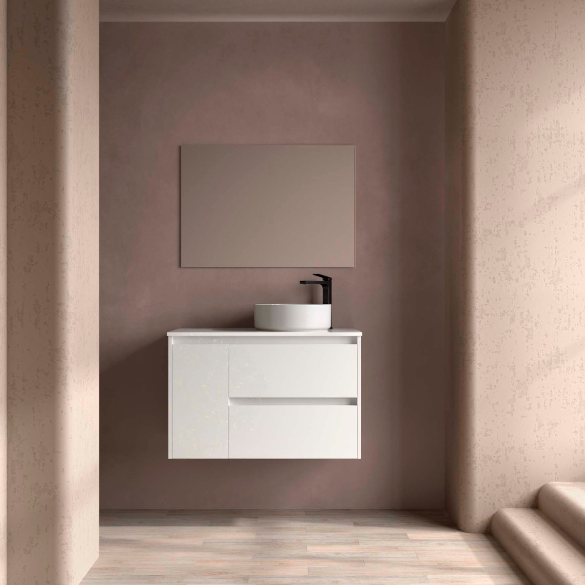 Ensemble Meuble Plan Vasque Miroir Applique NOJA II 900 2T1P gauche - vasque à droite Blanc Brillant P450 m - SALGAR 118355 