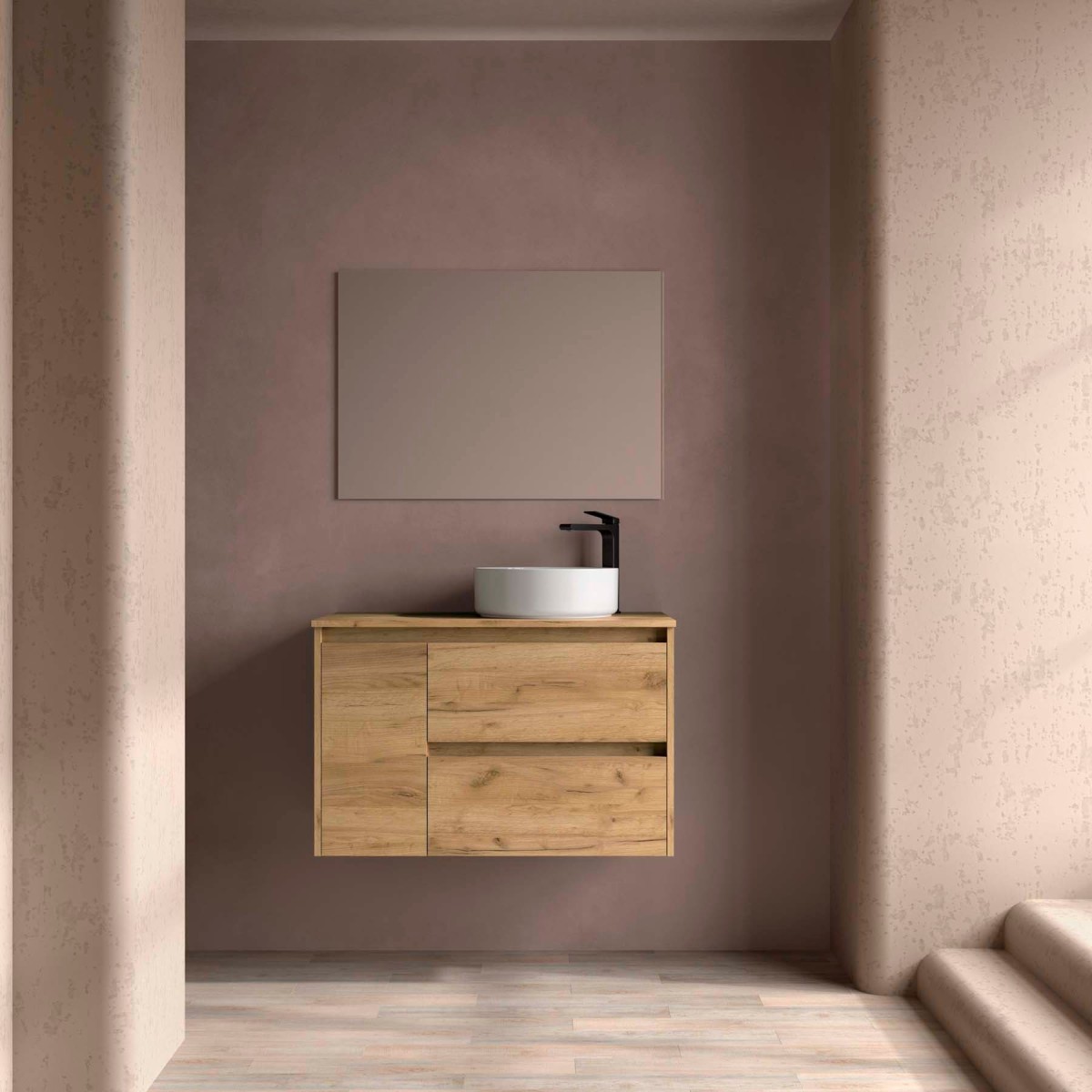 Ensemble Meuble Plan Vasque Miroir Applique NOJA II 900 2T1P gauche - vasque à droite Chêne Africain P450 m - SALGAR 118362 