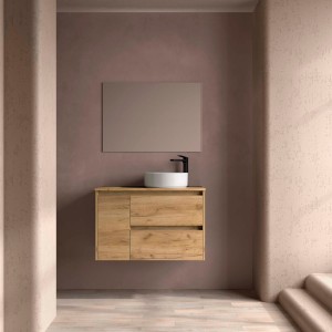 Ensemble Meuble Plan Vasque Miroir Applique NOJA II 900 2T1P gauche - vasque à droite Chêne Africain P450 m - SALGAR 118362 