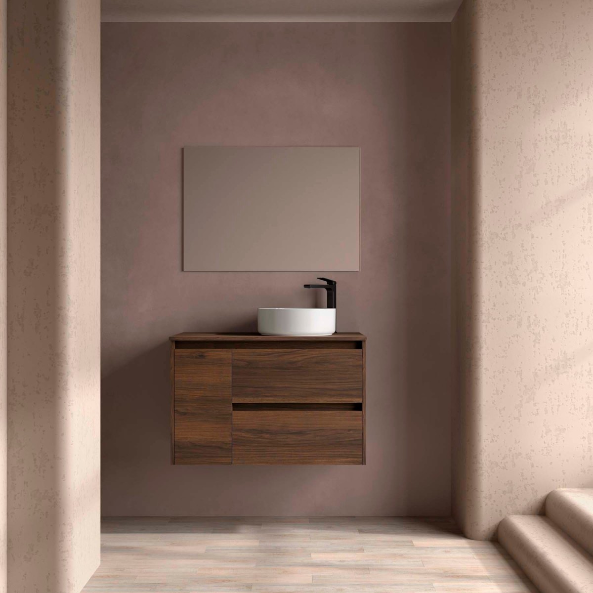 Ensemble Meuble Plan Vasque Miroir Applique NOJA II 900 2T1P gauche - vasque à droite Noyer Maya P450 - SALGAR 118363 