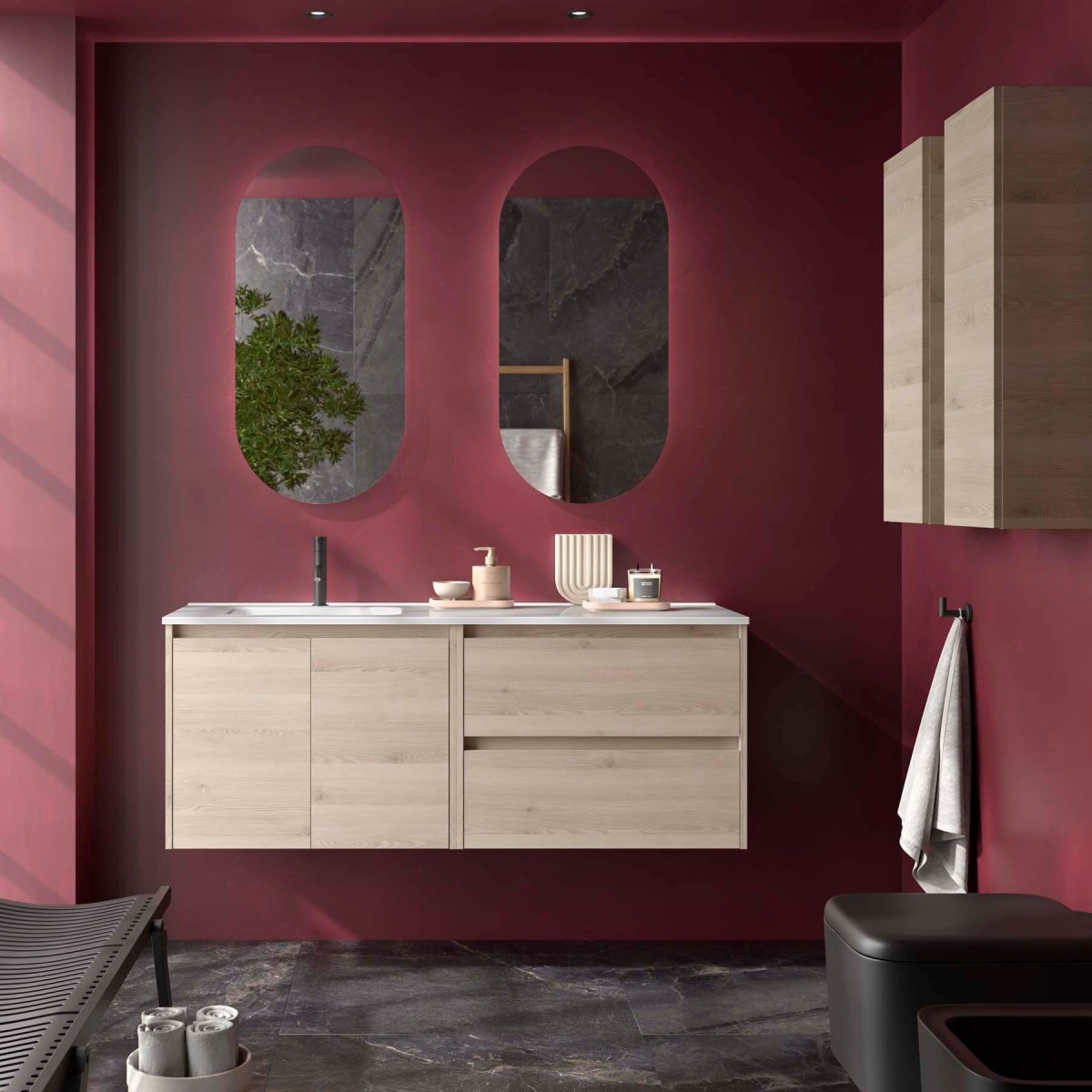 Ensemble Meuble Plan Vasque Miroir Applique NOJA II 1200 2 tiroirs 2 portes Chêne Naturel P450 - SALGAR 119721 