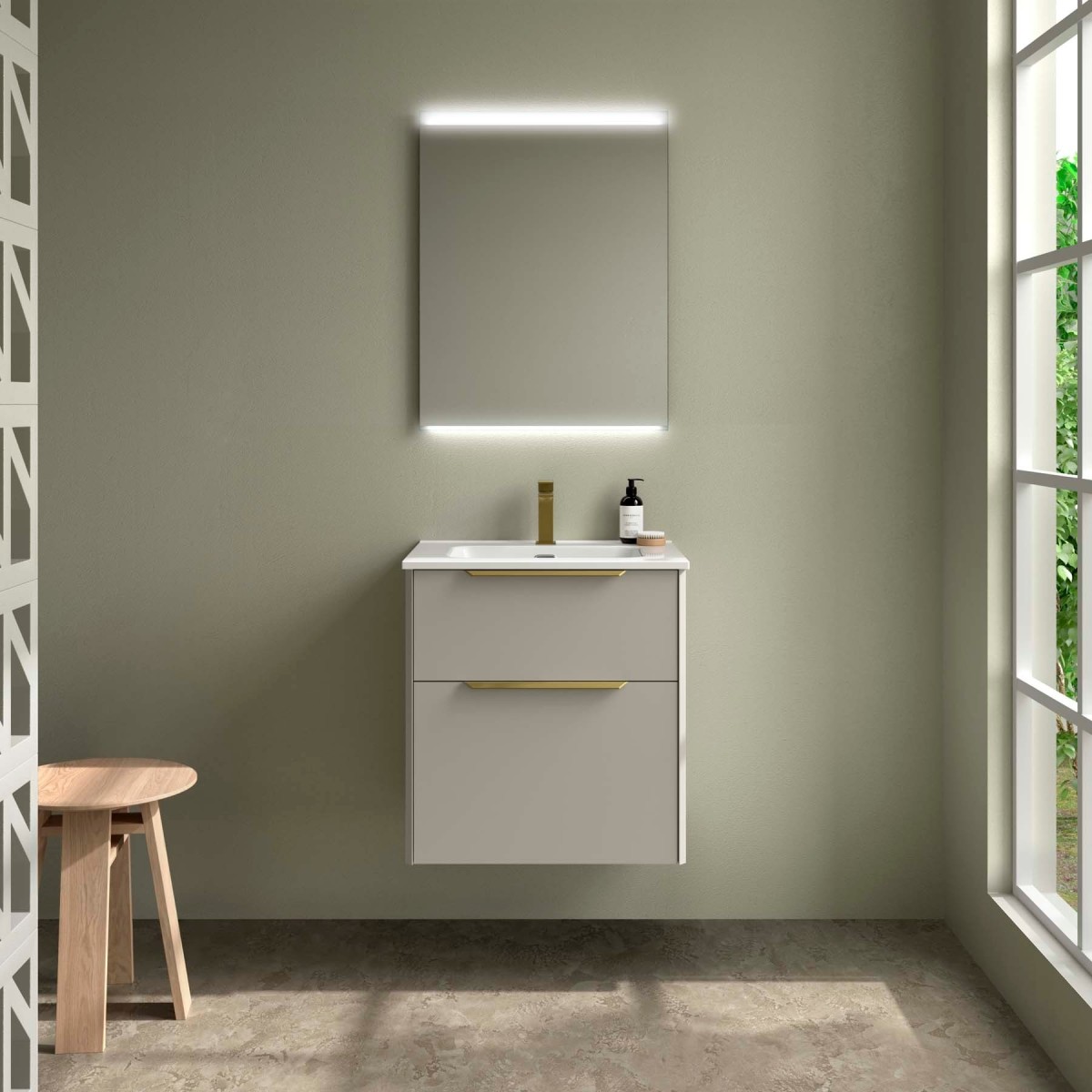 Ensemble Meuble Plan vasque et miroir LUVA 600 2 tiroirs Gris satiné P450 - SALGAR 119852 