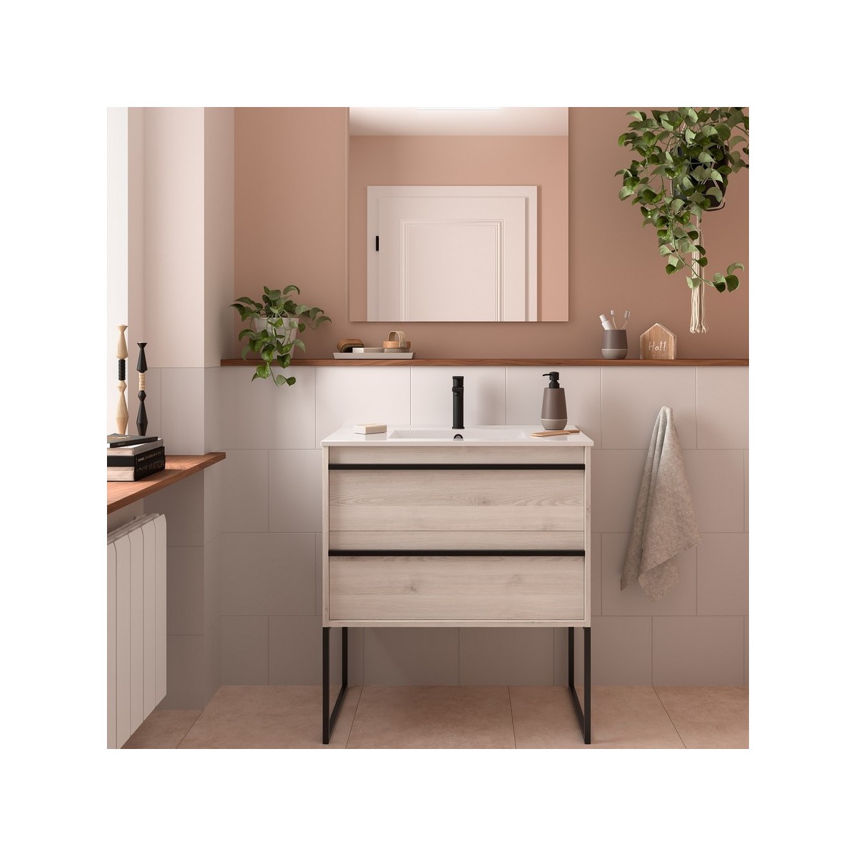 Ensemble meuble vasque salle de bain ATTILA 800 2 tiroirs Chêne Naturel P450 - SALGAR 104720 