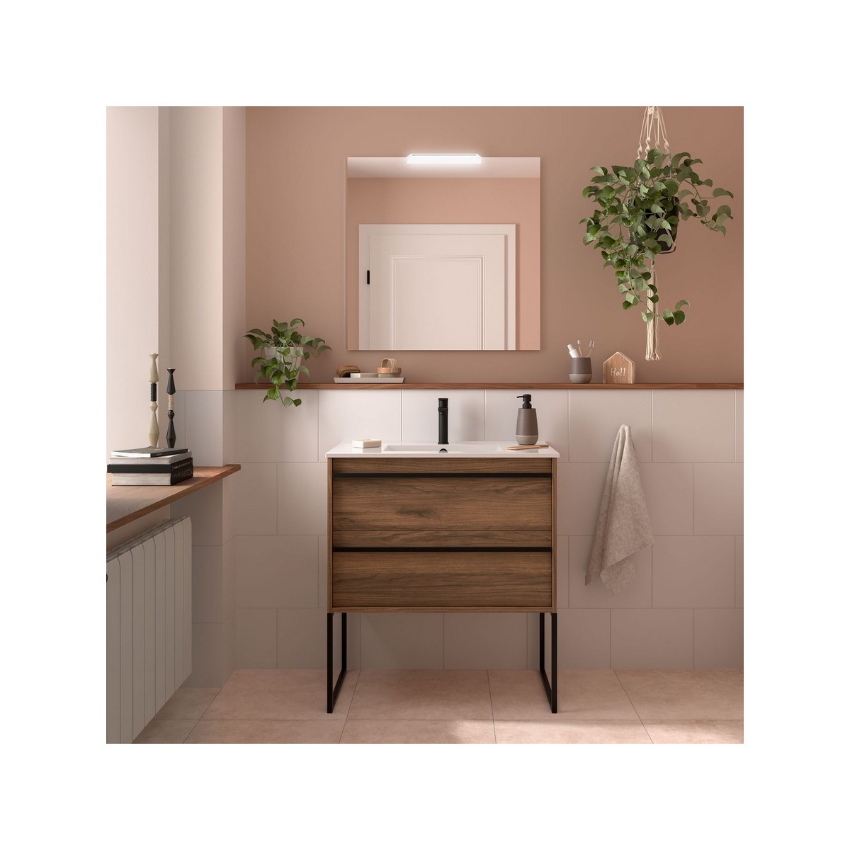 Ensemble meuble vasque salle de bain ATTILA 800 2 tiroirs Noyer Maya P450 - SALGAR 104722 