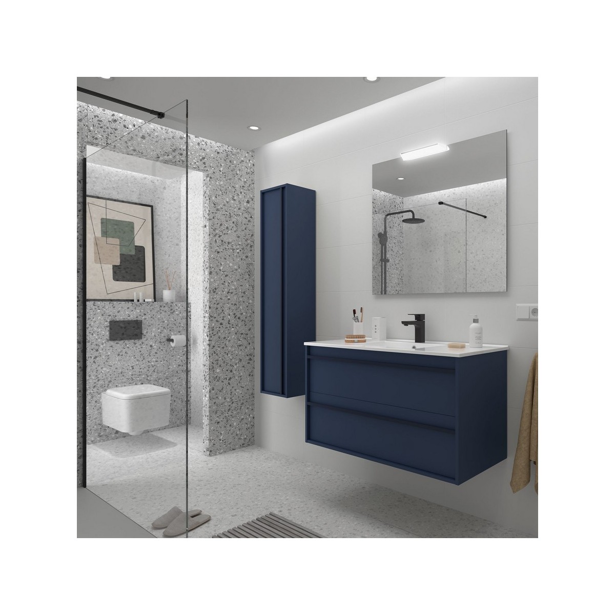 Ensemble meuble vasque salle de bain ATTILA 1000 2 tiroirs Blue satin P450 - SALGAR 104725 
