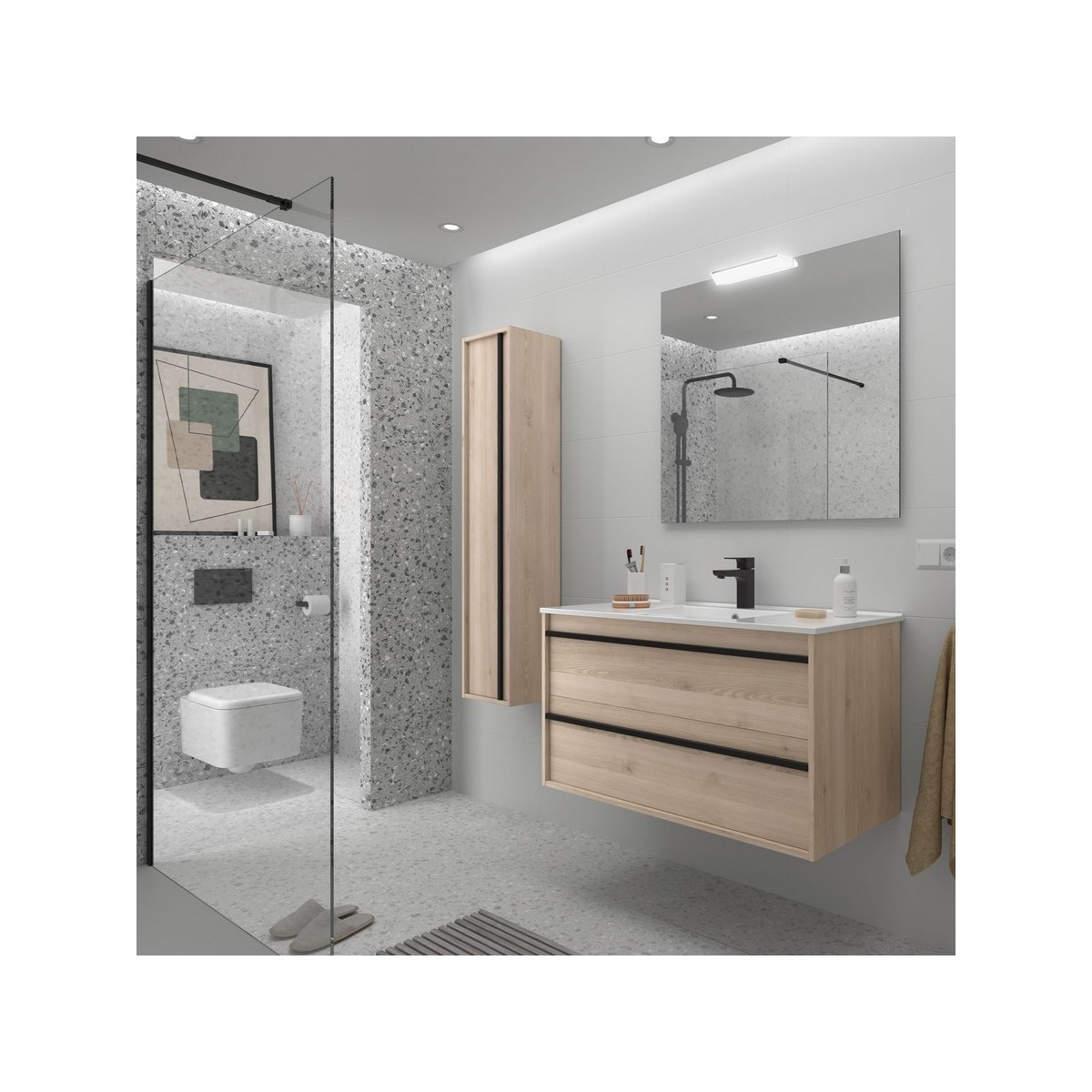 Ensemble meuble vasque salle de bain ATTILA 1000 2 tiroirs Chêne Naturel P450 - SALGAR 104728 