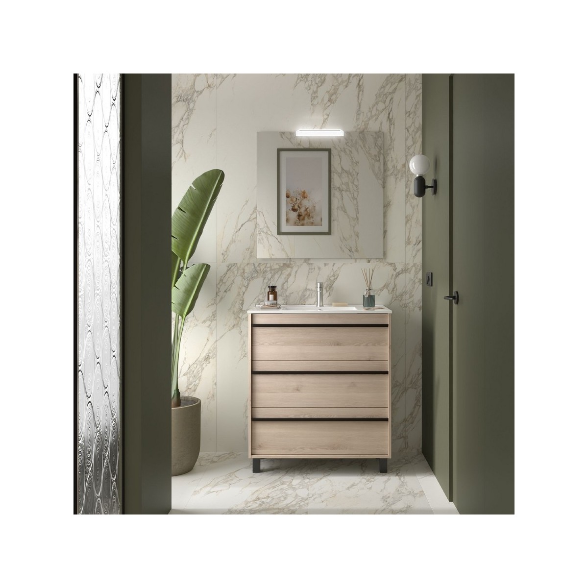 Ensemble meuble vasque salle de bain ATTILA 800 3 tiroirs Chêne Naturel P450 - SALGAR 105117 