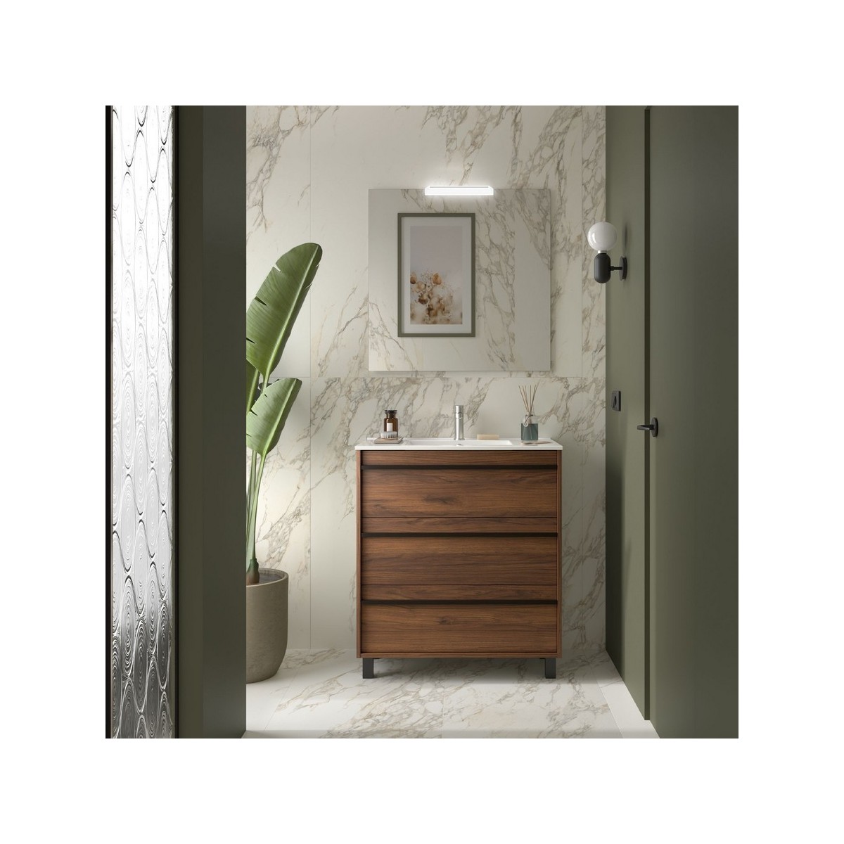 Ensemble meuble vasque salle de bain ATTILA 800 3 tiroirs Noyer Maya P450 - SALGAR 105119 