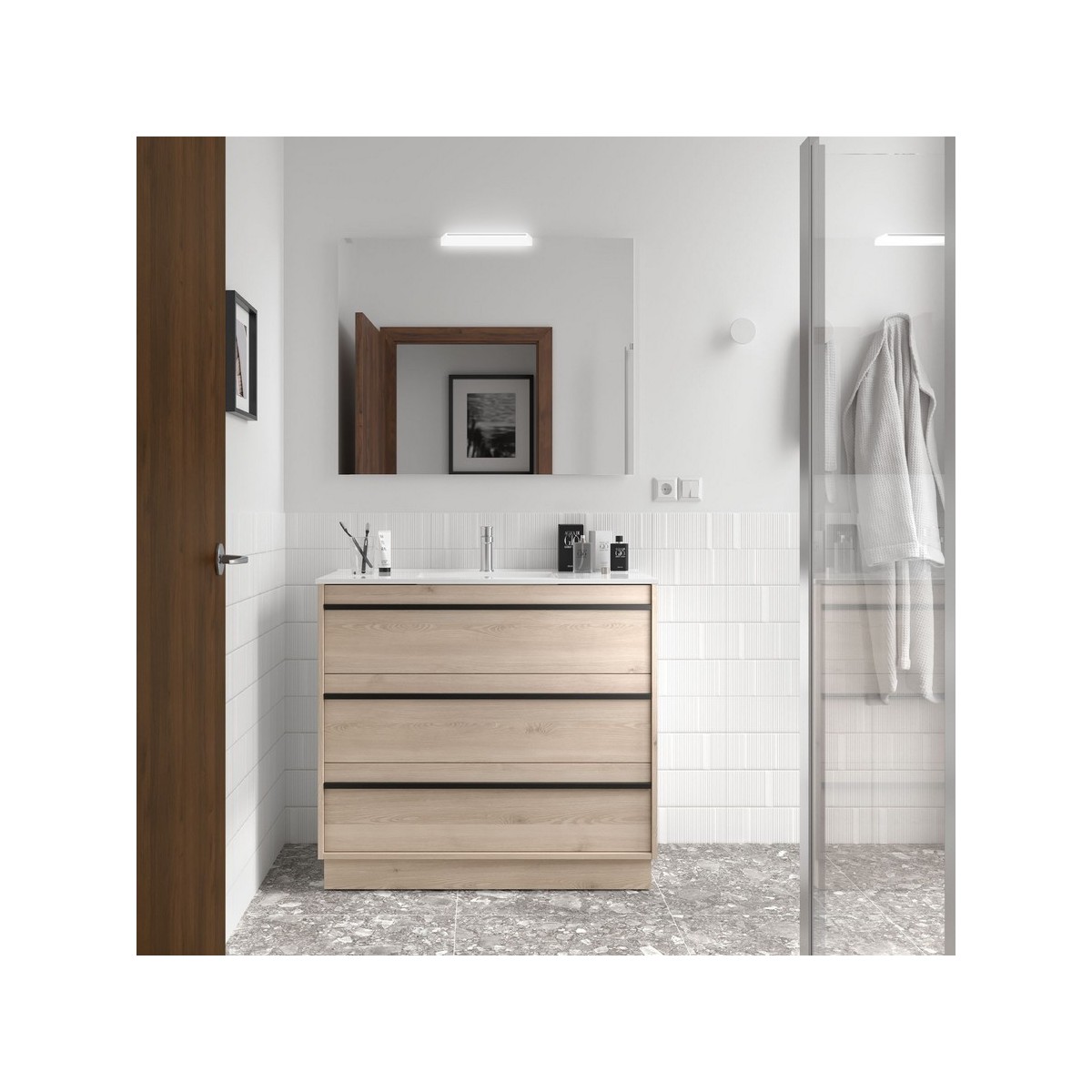 Ensemble meuble vasque salle de bain ATTILA 1000 3 tiroirs Chêne Naturel P450 - SALGAR 105125 