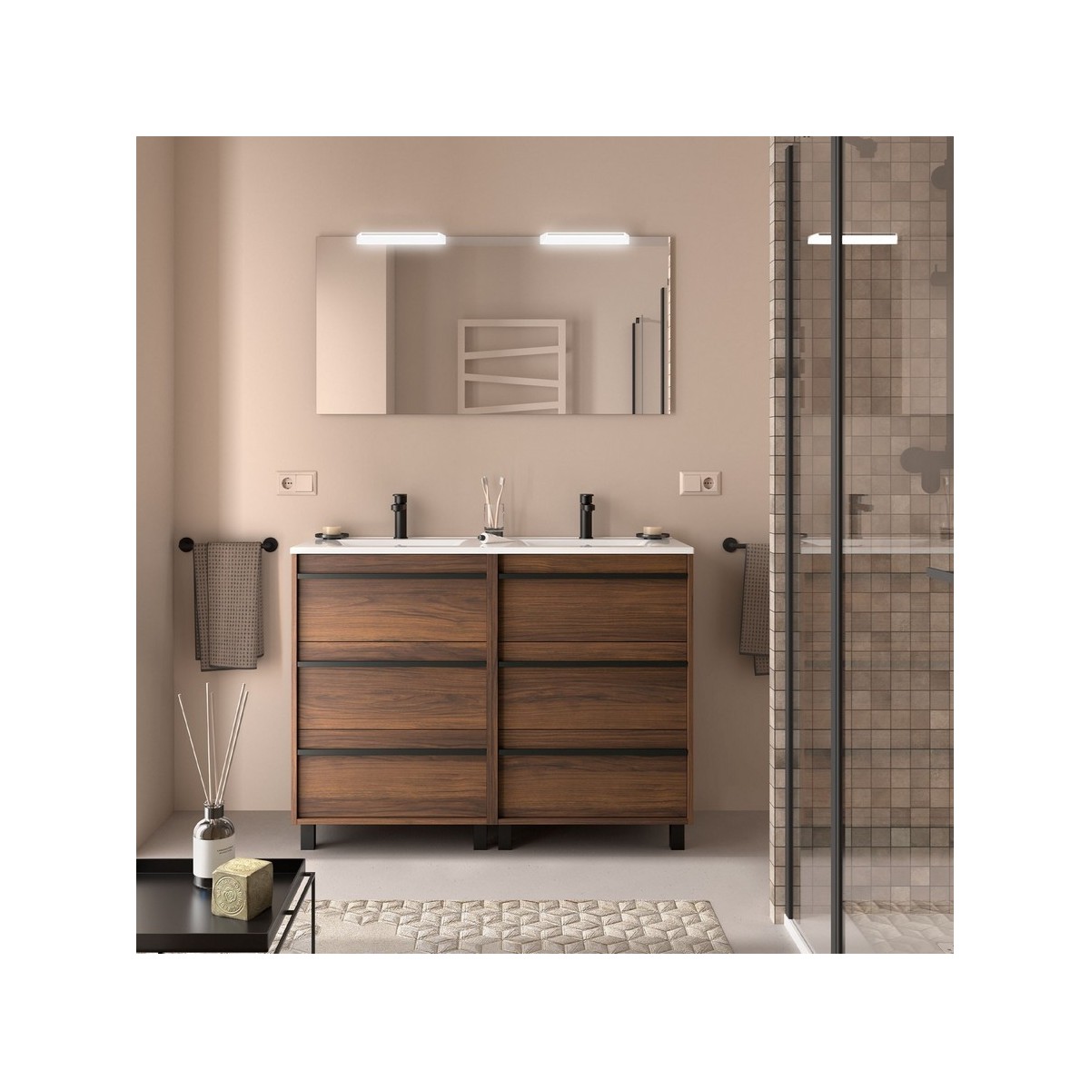 Ensemble meuble vasque salle de bain ATTILA 1200 6 tiroirs Noyer Maya P450 - SALGAR 105135 