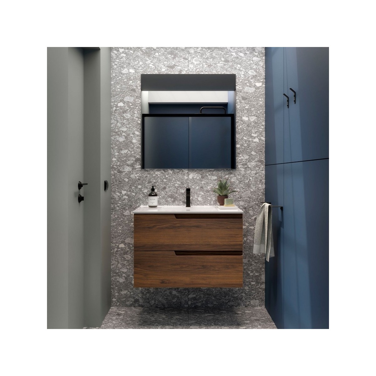 Ensemble Meuble Plan vasque et miroir VIMA 800 2 tiroirs Noyer Maya P450 - SALGAR 113492 