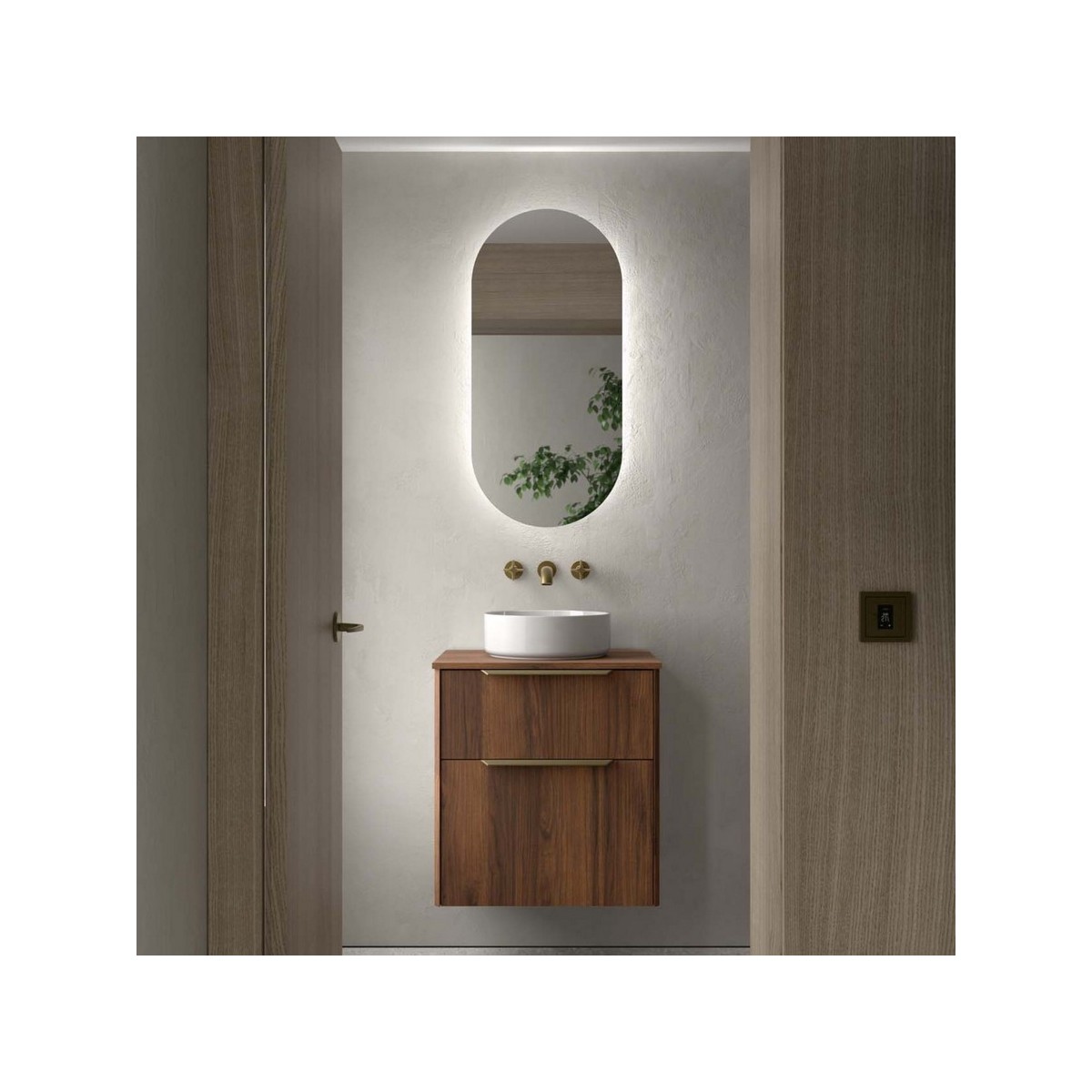 Ensemble Meuble de salle de bain et plan de toilette LUVA 600 2 tiroirs Noyer Maya P450 - SALGAR 117758 