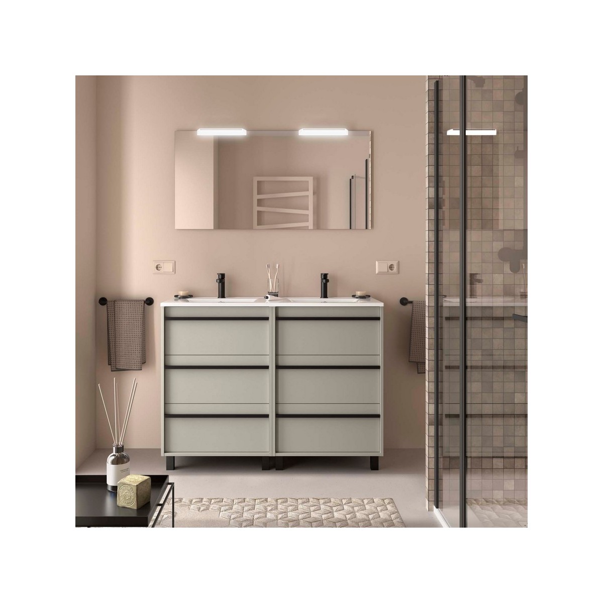 Ensemble Meuble Plan Vasque Miroir Applique ATTILA 1200 6 tiroirs Gris satiné P450 - SALGAR 118008 