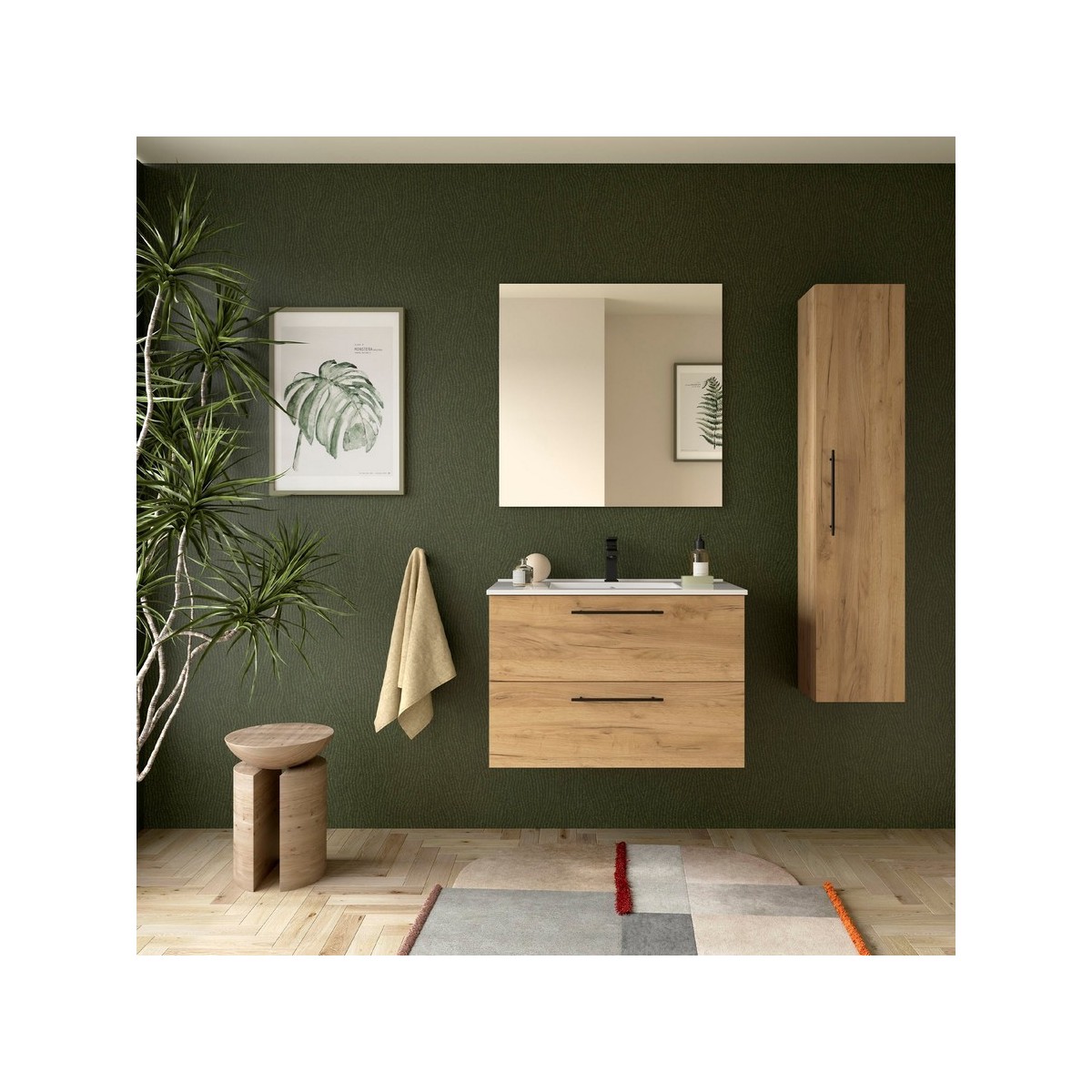 Ensemble Meuble Plan vasque et miroir SILANE 800 2 tiroirs Chêne Africain P450 - SALGAR 118030 