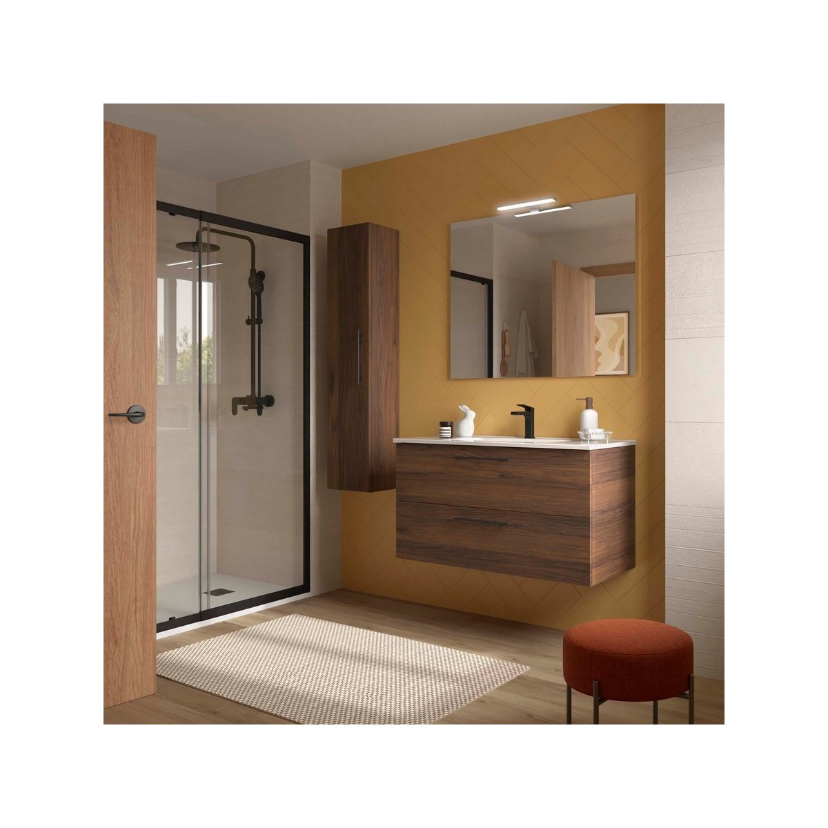 Ensemble Meuble Plan vasque et miroir SILANE 1000 2 tiroirs Noyer Maya P450 - SALGAR 118036 