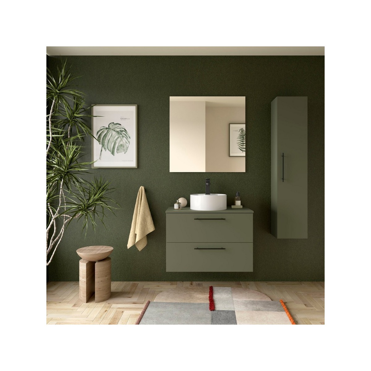 Ensemble Meuble de salle de bain et plan de toilette SILANE 800 2 tiroirs Green satin P450 - SALGAR 118072 