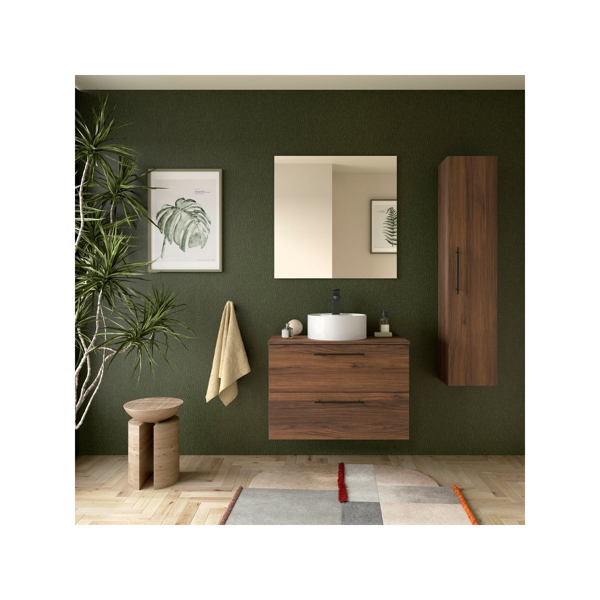 Ensemble Meuble de salle de bain et plan de toilette SILANE 800 2 tiroirs Noyer Maya P450 - SALGAR 118074 