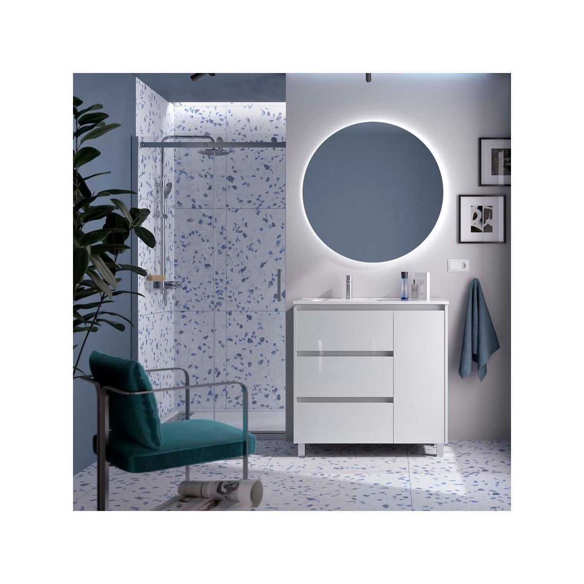 Ensemble meuble et vasque NOJA II 900 3T1P droite - vasque à gauche Blanc Brillant P450 - SALGAR 118129 