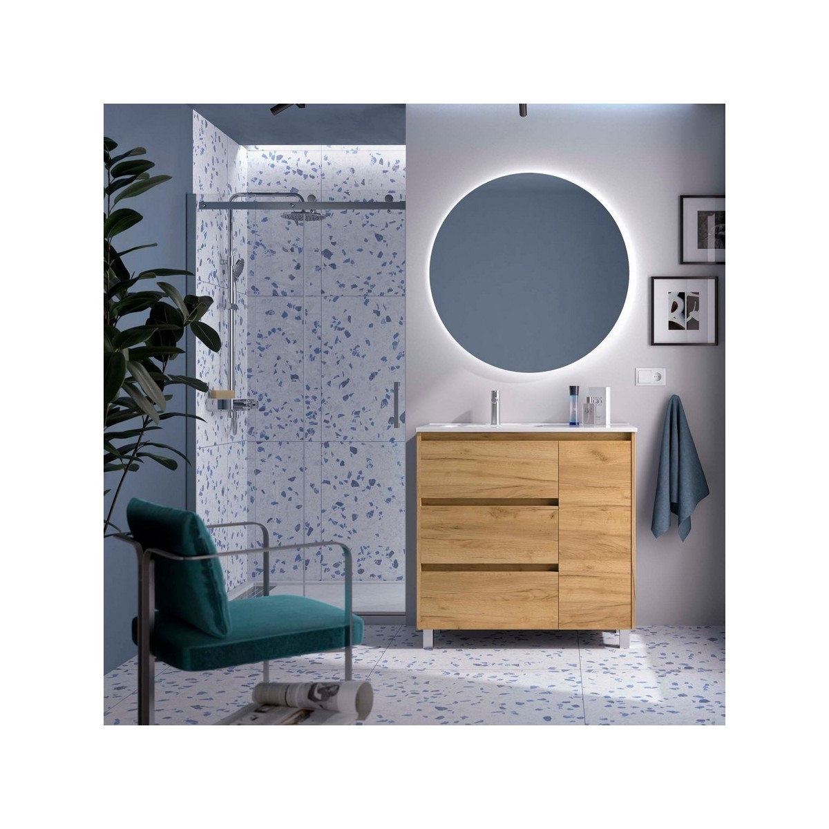 Ensemble meuble et vasque NOJA II 900 3T1P droite - vasque à gauche Chêne Africain P450 - SALGAR 118136 