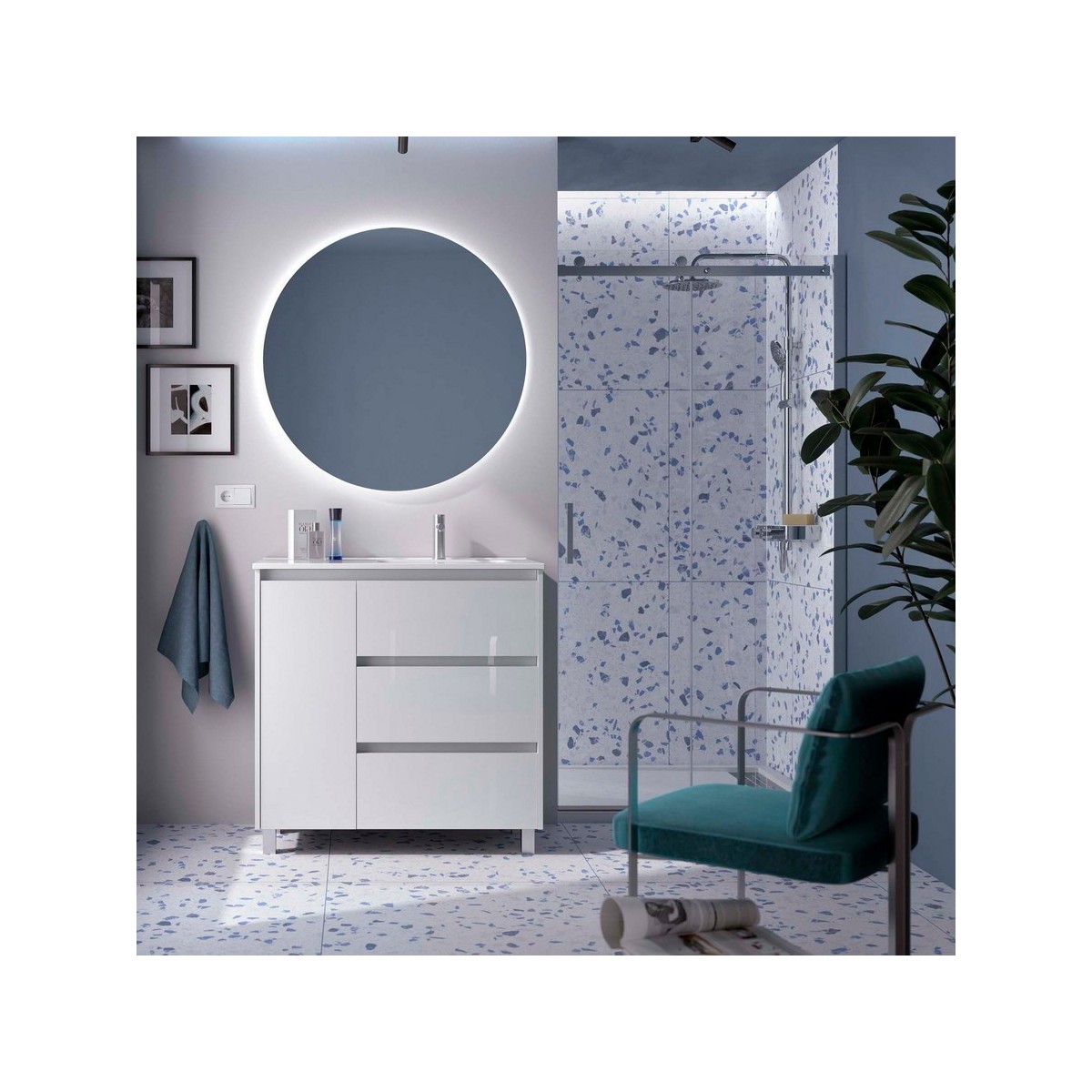 Ensemble meuble et vasque NOJA II 900 3T1P gauche - vasque à droite Blanc Brillant P450 - SALGAR 118139 