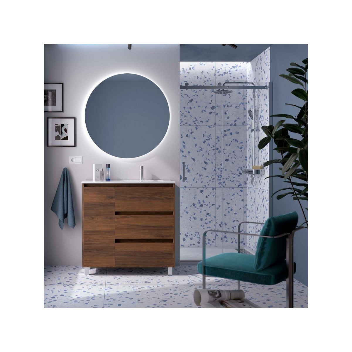 Ensemble meuble et vasque NOJA II 900 3T1P gauche - vasque à droite Noyer Maya P450 - SALGAR 118147 