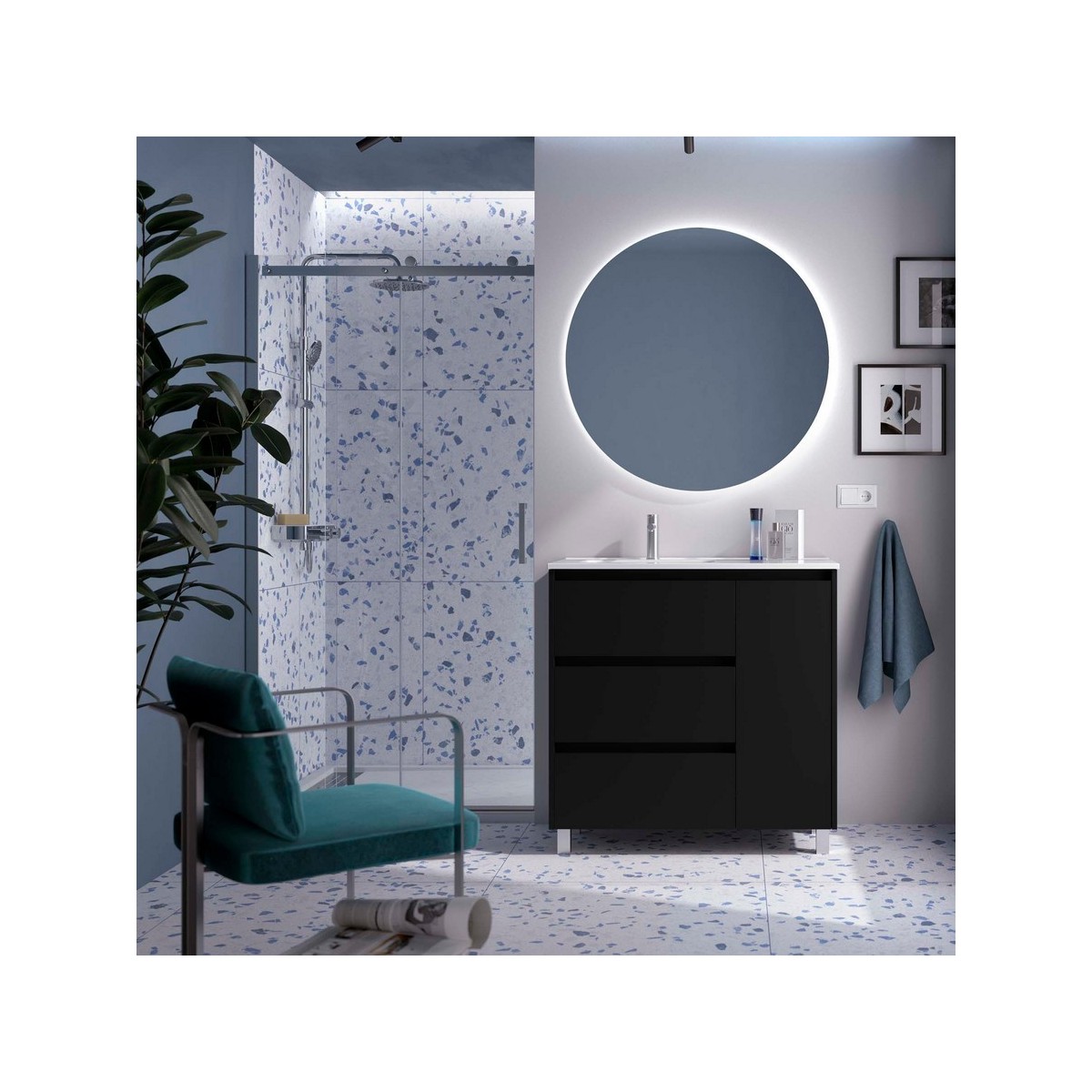 Ensemble Meuble Plan Vasque Miroir Applique NOJA II 900 3 tiroirs Black satin P450 - SALGAR 118367 