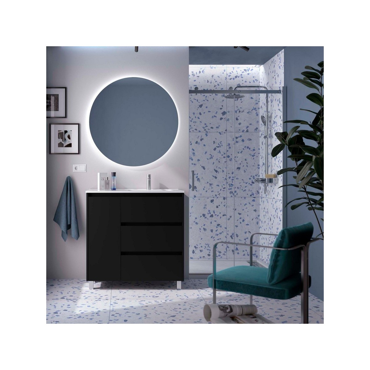 Ensemble Meuble Plan Vasque Miroir Applique NOJA II 900 3 tiroirs Black satin P450 - SALGAR 118377 