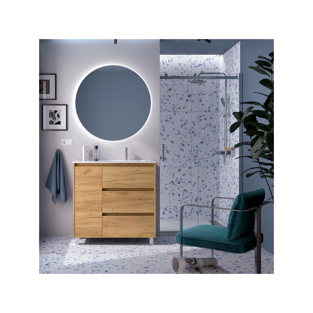 Ensemble Meuble Plan Vasque Miroir Applique NOJA II 900 3 tiroirs Chêne Africain P450 - SALGAR 118382 