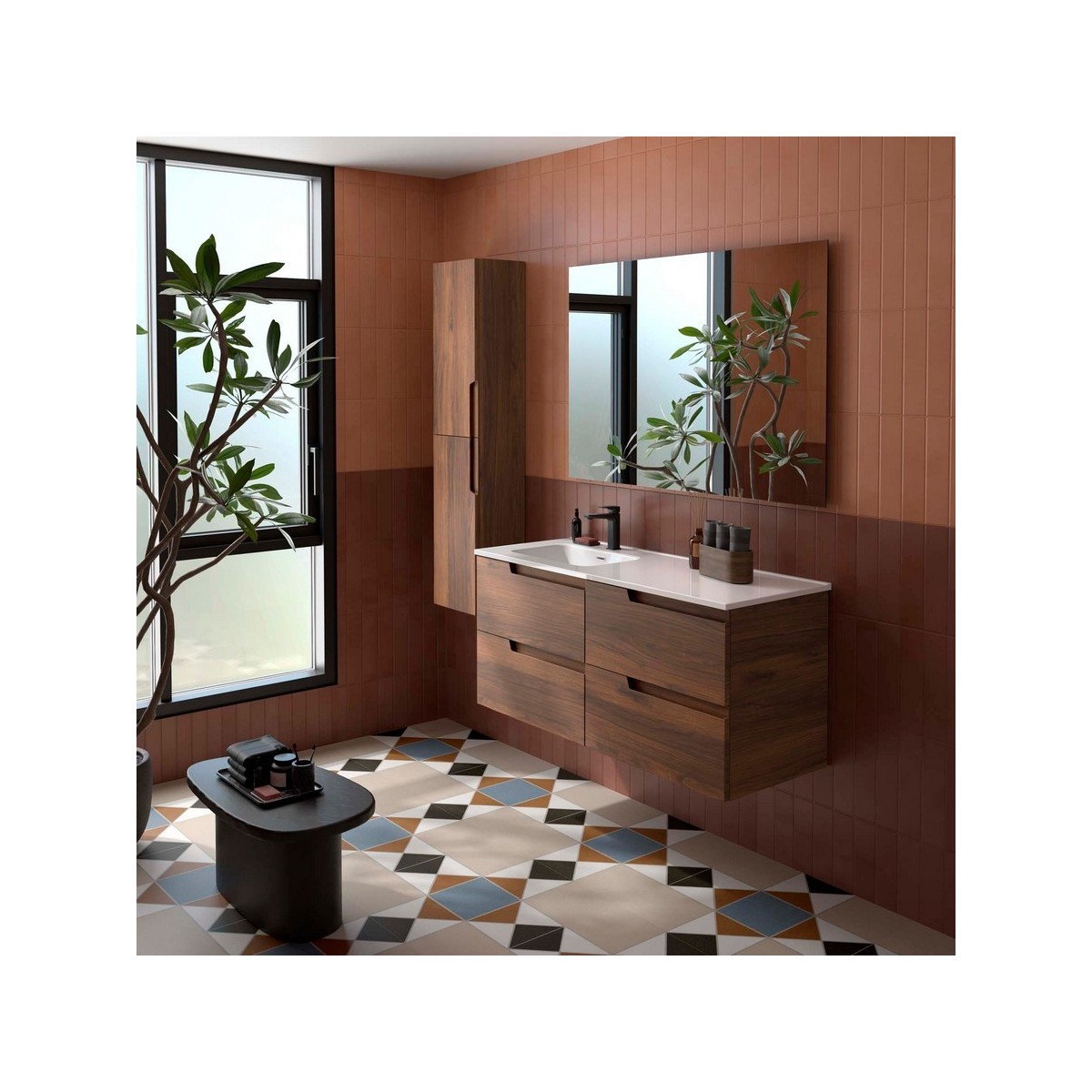 Ensemble Meuble Plan vasque et miroir VIMA 1200 4 tiroirs Noyer Maya P450 - SALGAR 118672 