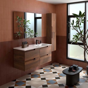 Ensemble Meuble Plan vasque et miroir VIMA 1200 4 tiroirs Noyer Maya P450 - SALGAR 118676 
