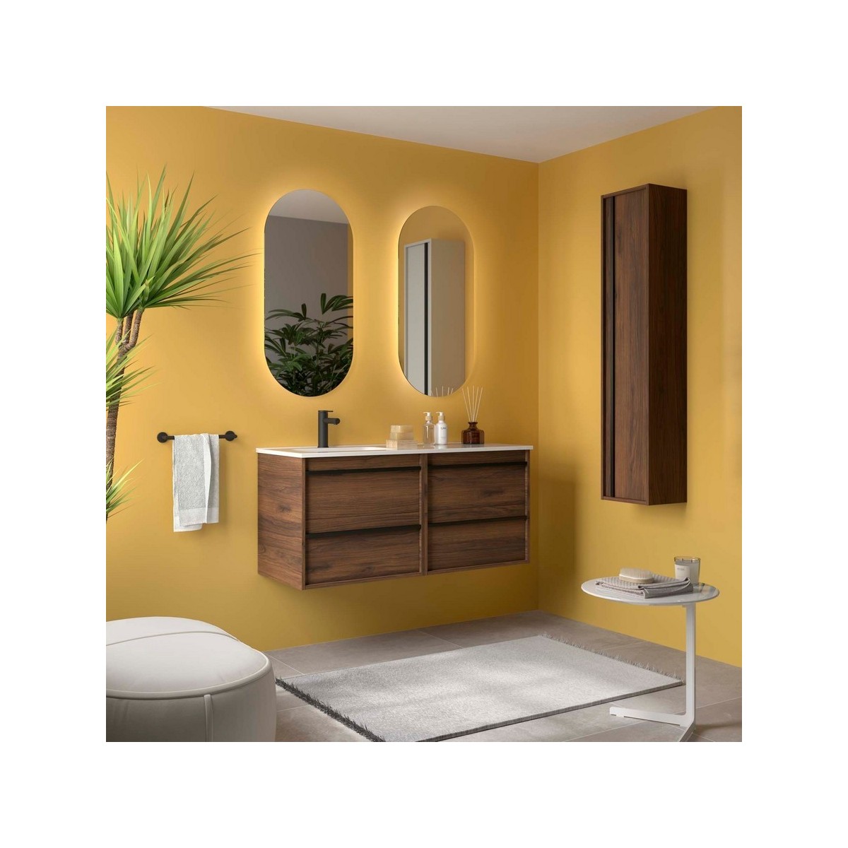 Ensemble meuble vasque salle de bain ATTILA 1200 4 tiroirs Noyer Maya P450 - SALGAR 118686 