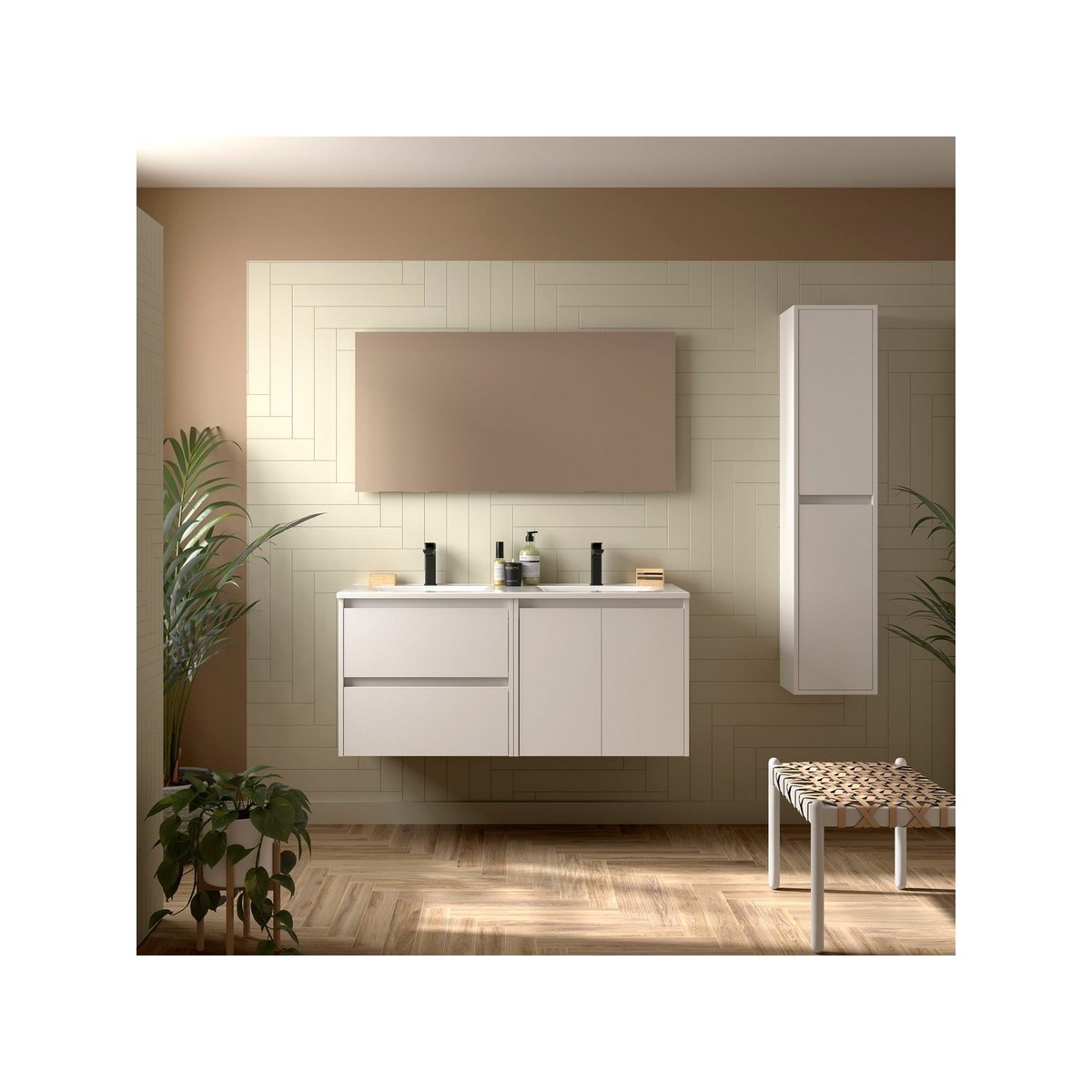 Ensemble Meuble Plan Vasque Miroir Applique NOJA II 1200 2 tiroirs 2 portes Blanc satiné P450 - SALGAR 119246 