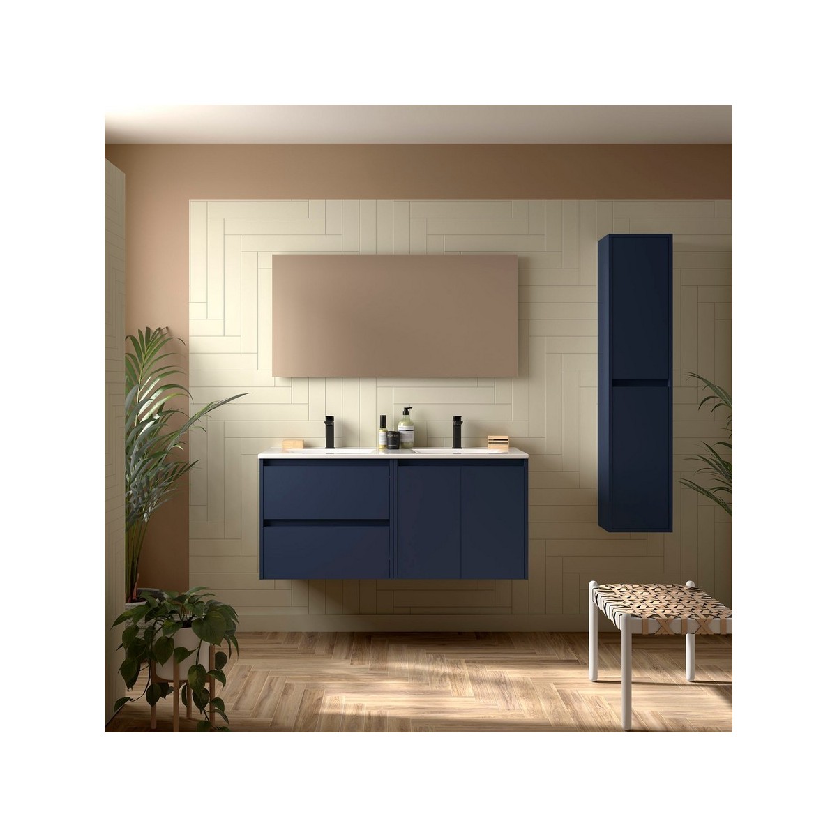 Ensemble Meuble Plan Vasque Miroir Applique NOJA II 1200 2 tiroirs 2 portes Blue satin P450 - SALGAR 119248 