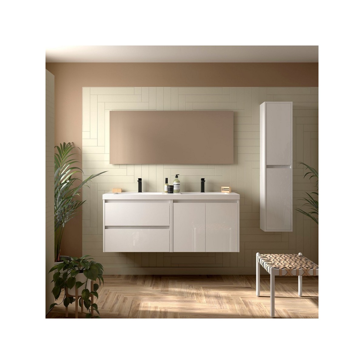 Ensemble Meuble Plan Vasque Miroir Applique NOJA II 1400 2 tiroirs 2 portes Blanc Brillant P450 - SALGAR 119255 