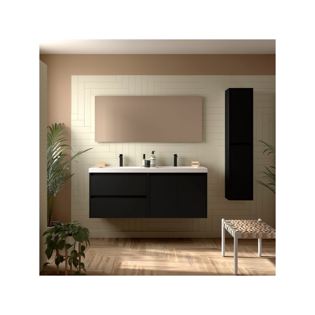 Ensemble Meuble Plan Vasque Miroir Applique NOJA II 1400 2 tiroirs 2 portes Black satin P450 - SALGAR 119257 