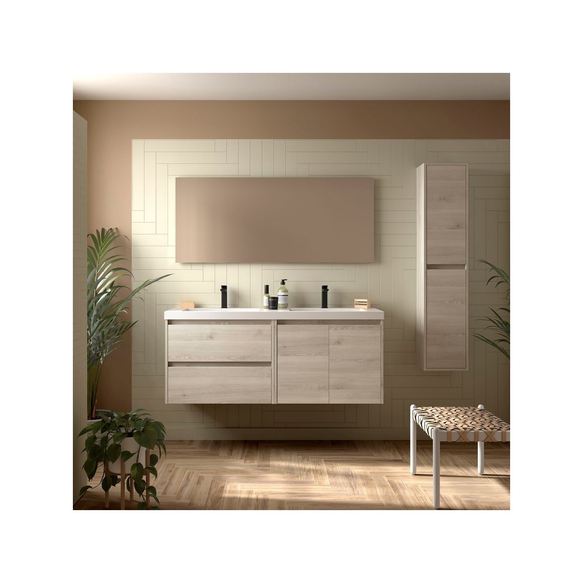 Ensemble Meuble Plan Vasque Miroir Applique NOJA II 1400 2 tiroirs 2 portes Chêne Naturel P450 - SALGAR 119261 
